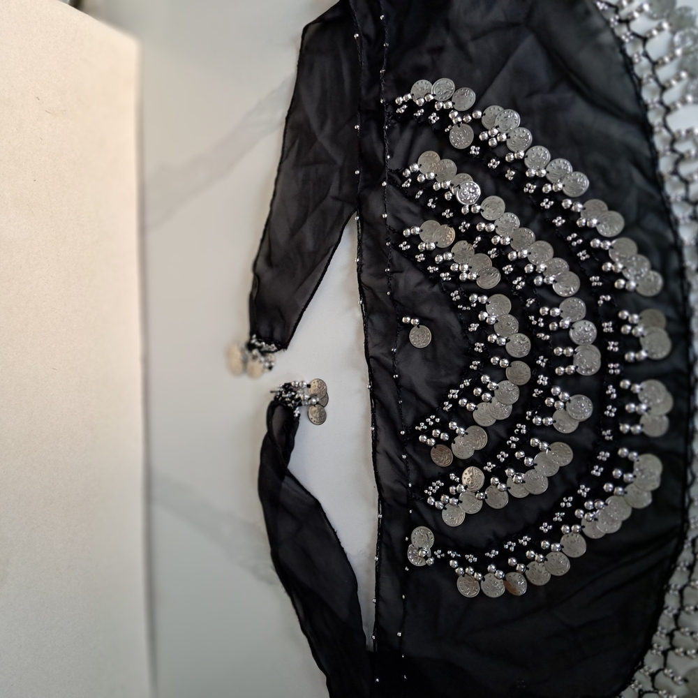 Black Sheer Belly Dance Hip Scarf with Silver Embellishments